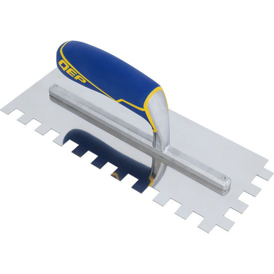 QEP Square Notched Flooring Trowel Comfort Grip 4 1 2 x 11 Stainless Steel 1 2 x 1 2 x 1 2 with Cushioned Handle FloorBox