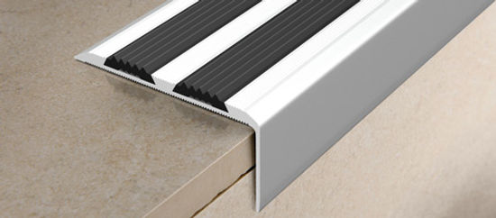 Step Nosing Punched Profile Proend INS 75 with Double Insert Anodized Aluminium Silver 37 x 75.5 mm