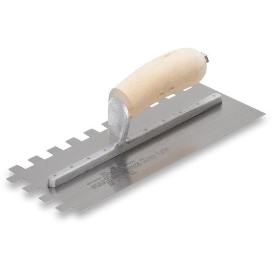 Right-Handed Square-Notch Trowel Standard 4-1/2" x 11" Tempered Steel 1/2" x 1/2" x 1/2" with Curved Wood Handle
