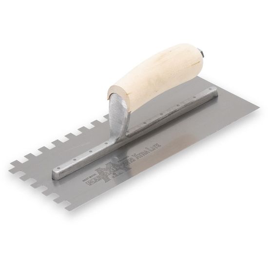 Right-Handed Square-Notch Trowel Standard 4-1/2" x 11" Tempered Steel 3/8" x 3/8" x 3/8" with Curved Wood Handle
