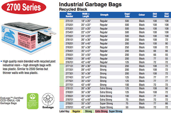 Industrial Garbage Bags 2700 Series - Recycled Black - Ecologo Extra Strong (Pack of 100)