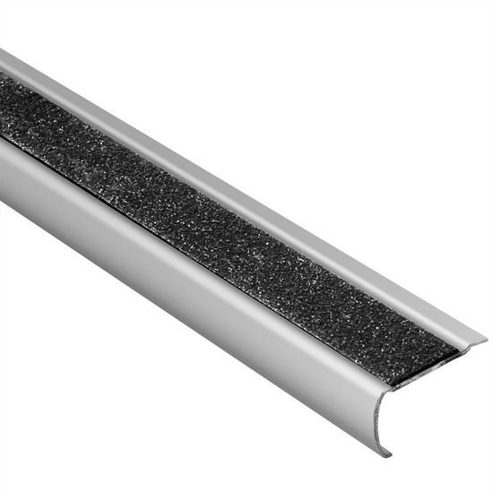 TREP-GK-S Stair-Nosing Retrofit Profile with Black Non-Slip Tread - Brushed Stainless Steel (V2) 1-11/32" x 4' 11" x 11/16"