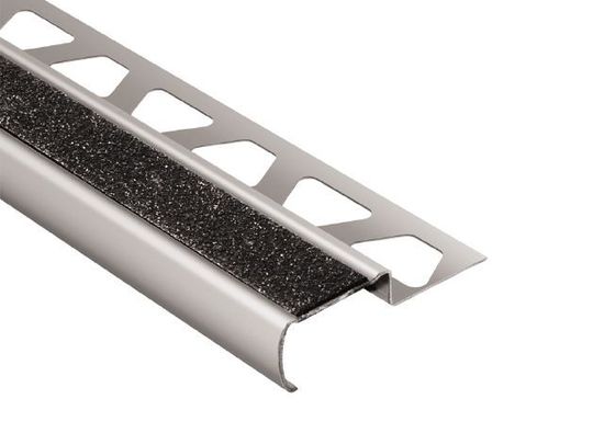 TREP-G-B Stair-Nosing Profile with Black Non-Slip Tread - Brushed Stainless Steel (V2) 2-5/32" x 4' 11" x 9/16" (15 mm) 