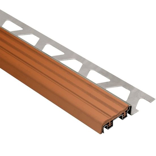 TREP-S Stair-Nosing Profile with Nut Brown Insert - Stainless Steel (V2) and PVC Plastic 1-1/32" x 8' 2-1/2" x 3/8" (10 mm)