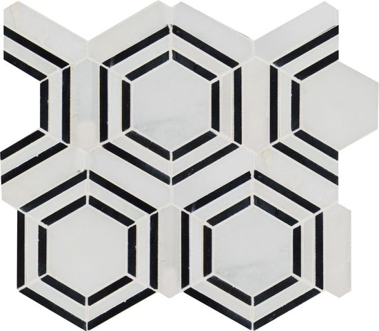Hexagon Mosaic Georama Nero White-Cool Polished 12-1/2" x 14-1/2"