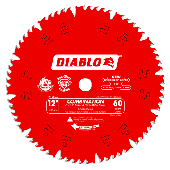 Lame de scie combinée 60 dents pour les scies à onglet, les scies à onglet à glissière et les scies de table 12"