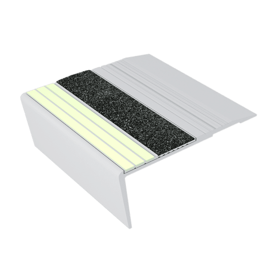 Ecoglo F6-E20 Nez de marche photoluminescent à angle droit avec bande antidérapante noire 3.1" (vendu en pied linéaire)