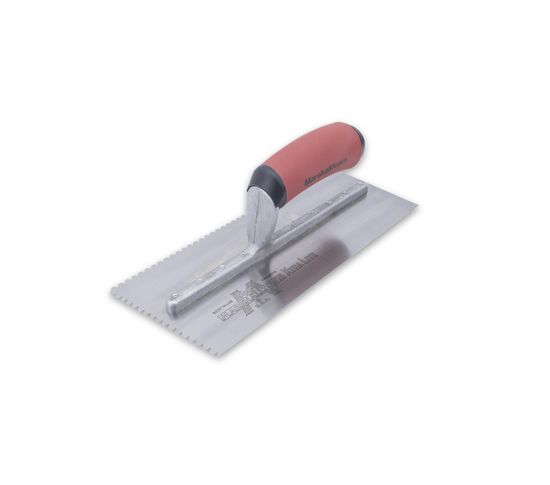 Right-Handed Flat-V-Notch Trowel 4-1/2" x 11" Tempered Steel 1/8" x 1/8" x 1/8" with DuraSoft Handle and Cut-Back Edges