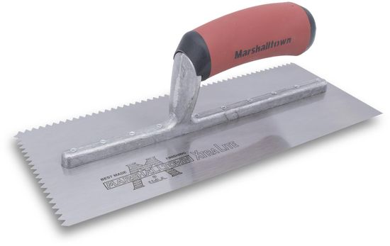 Right-Handed V-Notch Trowel Standard 4-1/2" x 11" Tempered Steel 7/32" x 5/32" with DuraSoft Handle