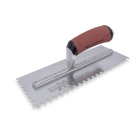 Left-Handed Square-Notch Trowel Standard 4-1/2" x 11" Tempered Steel 1/4" x 1/4" x 1/4" with DuraSoft Handle