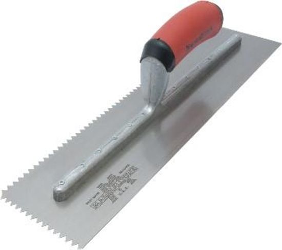Two-Sided V-Notch Trowel 4" x 16" Tempered Steel 1/4" x 3/16" with Soft Grip DuraSoft Handle