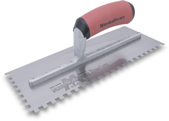Left-Handed Square-Notch Trowel Standard 4-1/2" x 11" Tempered Steel 1/2" x 1/2" x 1/2" with DuraSoft Handle