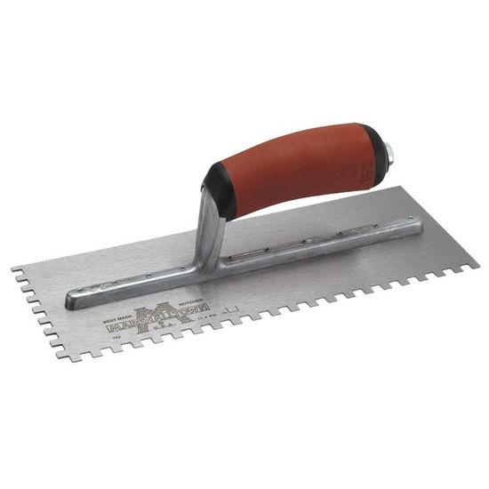 Left-Handed Square-Notch Trowel Standard 4-1/2" x 11" Tempered Steel 1/4" x 3/8" x 1/4" with DuraSoft Handle
