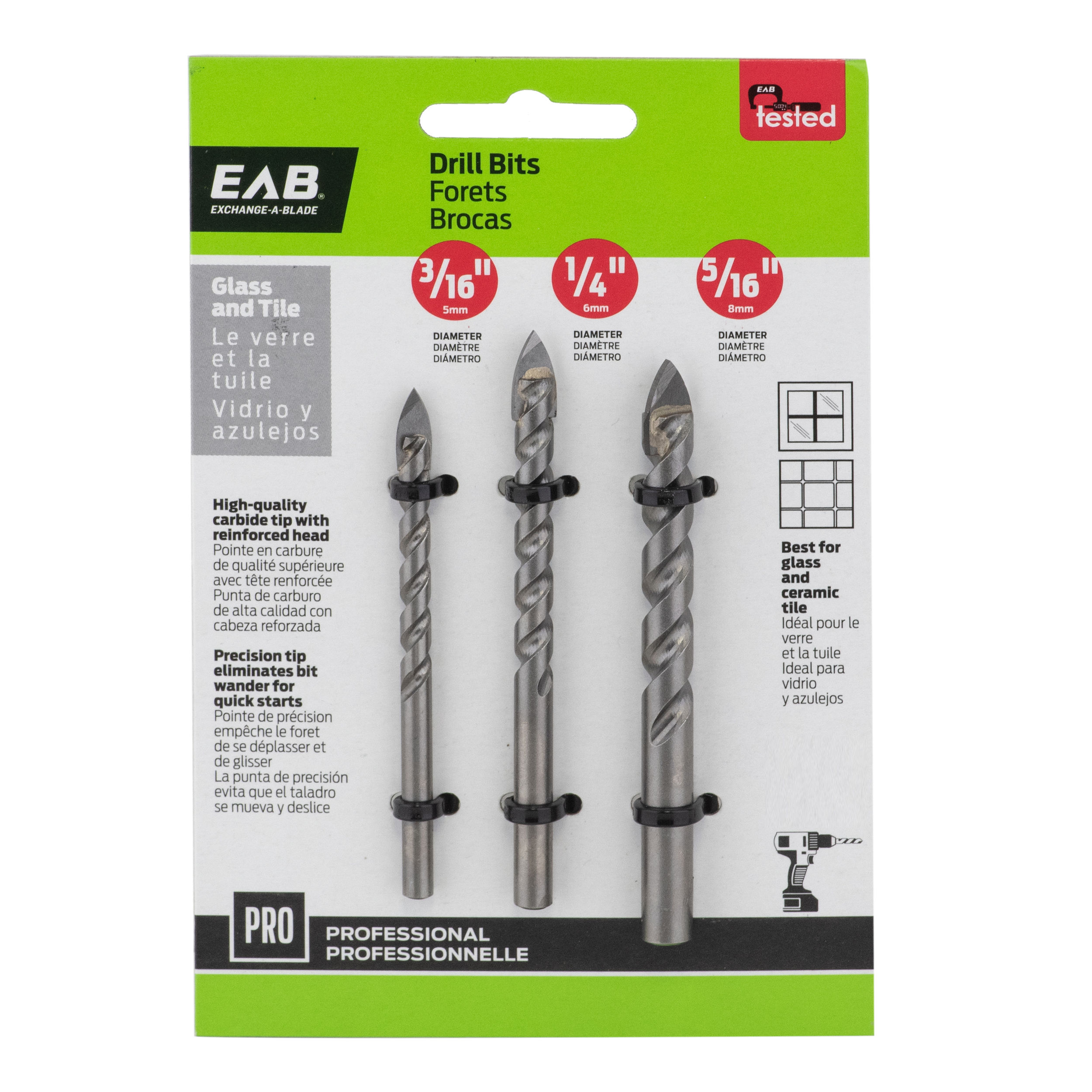 EAB - Drill Bit Glass & Tile Professional 3/16, 1/4 and 5/16 (3