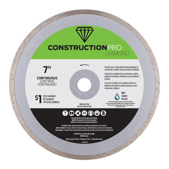 Construction Pro Diamond Blade Continuous Rim Ceramic Tile Yellow 7"